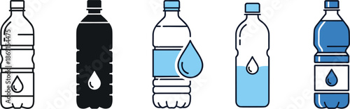 Drinking water bottle icons set illustrating hydration containers, purified water packaging, healthy lifestyle beverage, and clean liquid consumption concepts