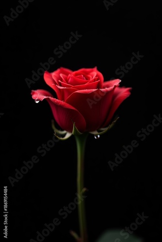 A single, perfect red rose with droplets of water, illuminated by a sharp spotlight against a solid black background