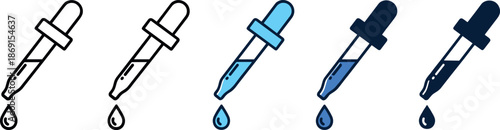 Dropper pipette icons set illustrating liquid dosage tools, laboratory medicine droppers, cosmetic serum applicators, and precise fluid dispensing concepts