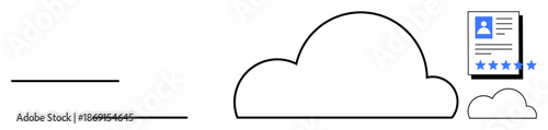 Cloud system with large and small cloud shapes, a document icon with profile and rating elements. Ideal for data storage, file sharing, online identity, remote access, documents, IT solutions