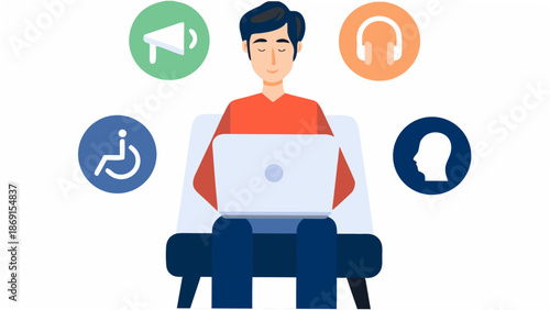 Man working on laptop with accessibility icons around him