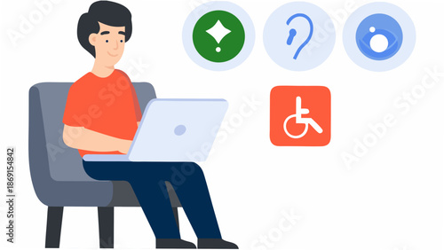 Man using laptop with accessibility symbols nearby