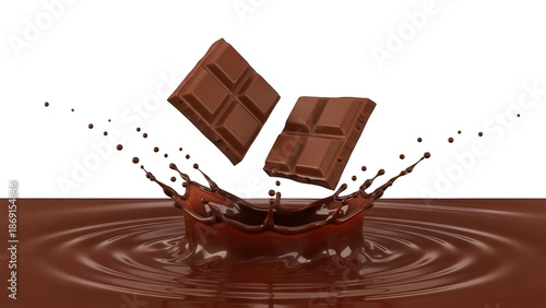 Delicious chocolate bar pieces splash into a pool of creamy melted chocolate isolated on transparent background
