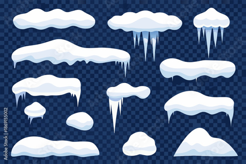 Various shapes of snow drifts and icicles on a transparent background