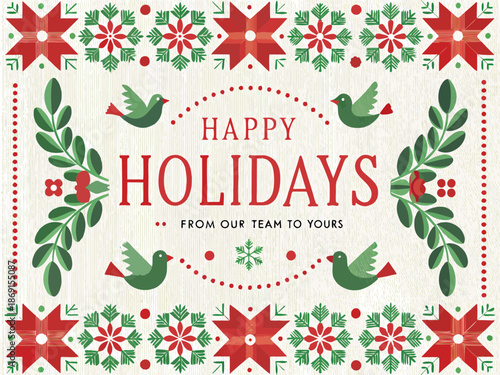 Festive holiday card featuring birds foliage and a traditional patterned border