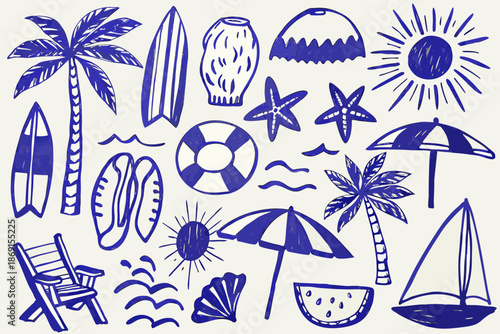 Blue line art illustration of summer elements beach sun and tropical objects