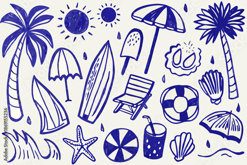 A playful doodle illustration featuring summer essentials like beach umbrellas and palm trees