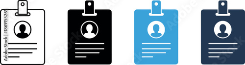 Employee identification badge icons set illustrating staff ID cards, workplace credentials, corporate access passes, and professional identity management concepts