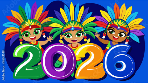 Brazil Carnival 2026 Vector Illustration with Energetic Samba Dancers Wearing Colorful Feather Costumes and Masks