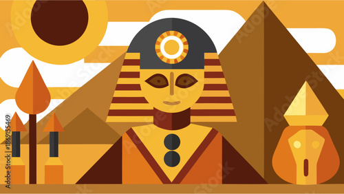Ancient Egyptian Culture Vector Illustration with Pyramids Pharaoh Silhouette and Hieroglyph Patterns in Warm Desert Colors