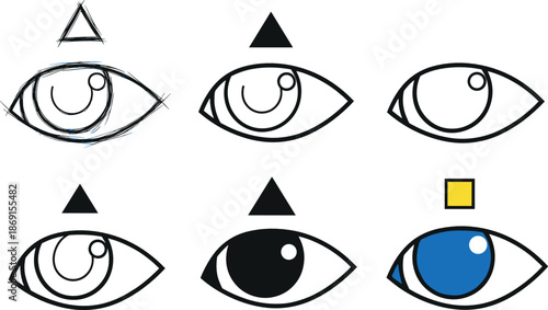 Eye vision and observation icons set illustrating sight focus, visual perception, attention indicators, human eyesight symbols, and interface viewing concepts in outline and flat styles