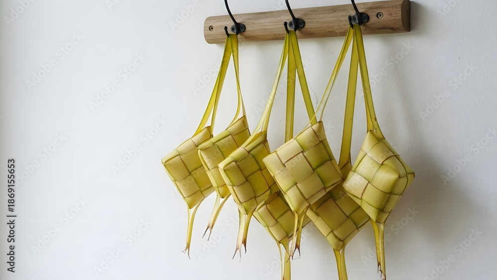 Fototapeta premium Several woven ketupat pouches made of yellow coconut leaves hanging as a decoration or for drying, symbolizing the arrival of the Islamic holiday.