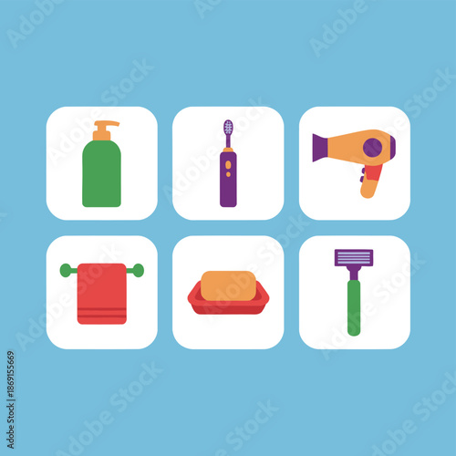 Personal hygiene and bathroom essentials icon collection with liquid soap, electric toothbrush, hair dryer, red towel, bar soap and manual razor for daily grooming and healthcare routines.