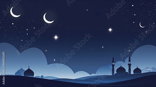 Minimalist Ramadan Night Landscape with Crescent Moon and Mosque Silhouette