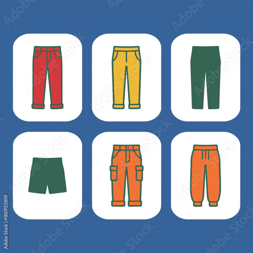 Variety of men and women trousers and pants icons including red jeans, yellow chinos, dark slacks, green shorts, orange cargo pants and comfortable joggers.