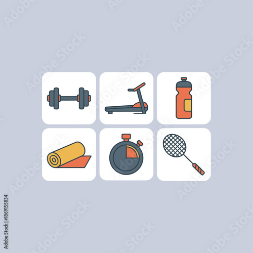 Fitness and gym equipment icons collection with iron dumbbell, treadmill machine, water bottle, rolled yoga mat, stopwatch timer and badminton racket for sports and health.