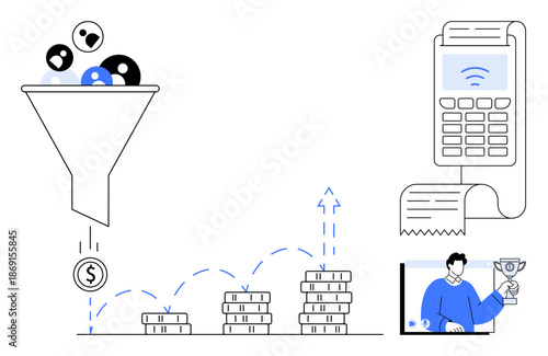 Funnel filtering audience to generate revenue, coins stacking for profit growth, contactless payment terminal, and a person celebrating success. Ideal for marketing, finance, sales, analytics
