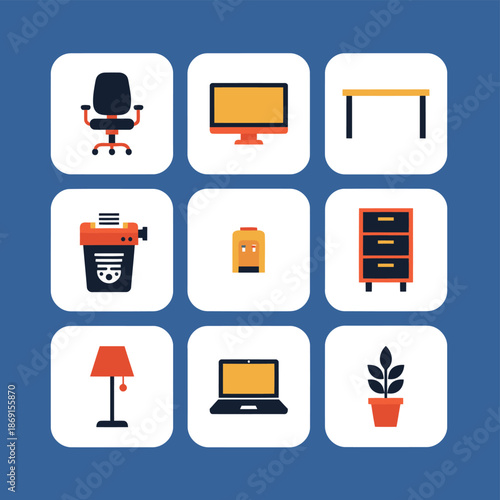 Professional Office Equipment and Furniture Icons Featuring Desk Chair Monitor Water Cooler Filing Cabinet Lamp and Laptop for Workspace