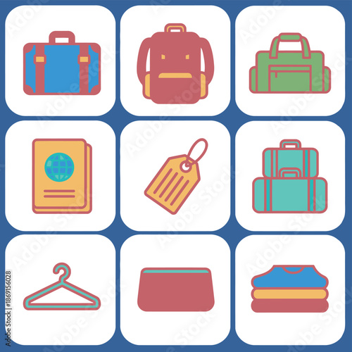 Travel Bags and Trip Essentials Icons Set with Luggage Backpack Duffel Bag Passport Baggage Tag and Hanger for Tourism Industry