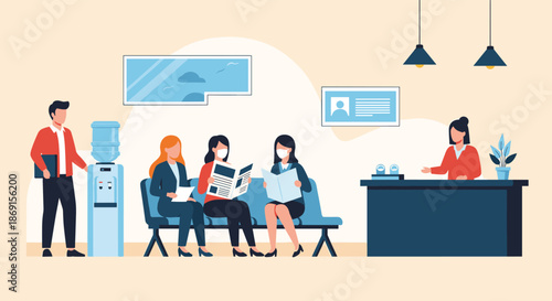 People wearing face masks waiting in a modern reception area for service while reading newspapers and drinking water.