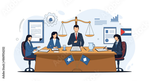 Legal team or judges sitting at a long table in a courtroom with law symbols like scales of justice and various documents.