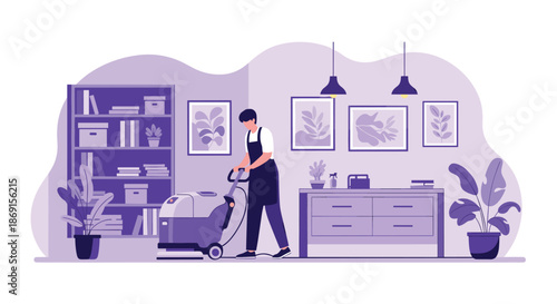 Professional janitor using an industrial floor scrubbing machine to clean a modern office space with plants and furniture.