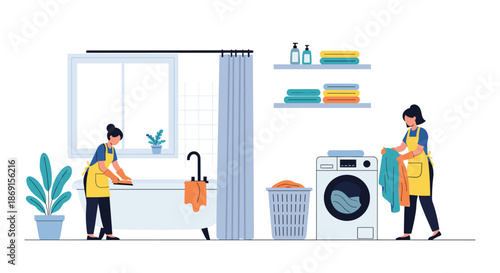 Two professional cleaners working in a laundry room with a washing machine and bathroom cleaning a bathtub and sorting clothes.