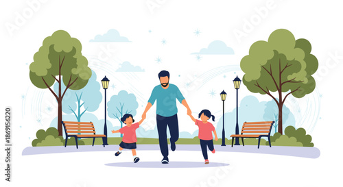 Happy father running and playing with his two young daughters in a beautiful sunny park with trees and empty benches.