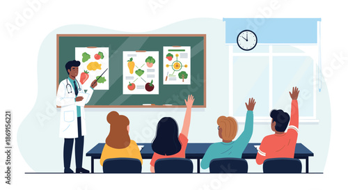 Medical professional giving a presentation about healthy nutrition and vegetables to a group of students in a classroom.