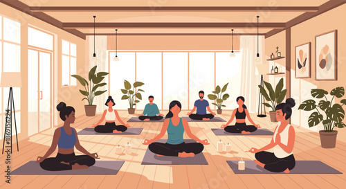 Group of people attending a yoga class in a sunlit studio with large windows, practicing meditation for mental and physical health.