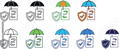 Insurance protection and document safety icons set illustrating policy coverage, contract security, umbrella protection, risk management, and financial assurance concepts