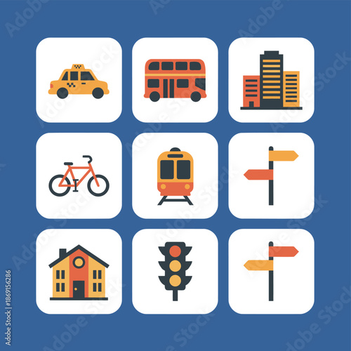 City Transportation and Urban Infrastructure Flat Icon Set with Taxi Double Decker Bus Buildings Bicycle Train Street Signs House Traffic Light and Directional Signpost for Navigation Design