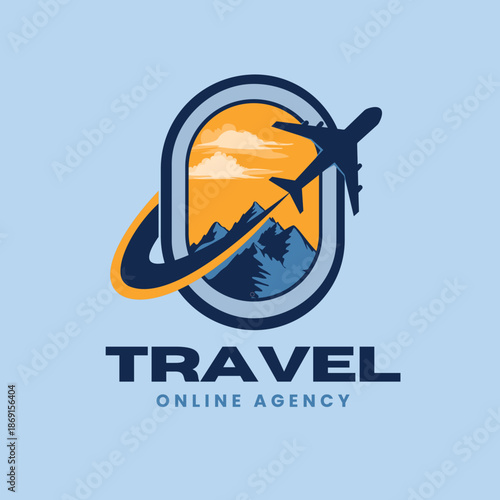 Dynamic travel online agency logo featuring an airplane flying over scenic mountains