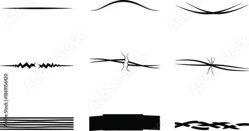 Damaged electrical wire silhouettes set, broken cable line vector icons, torn string and rope fragments, cracked surface or wire breakage