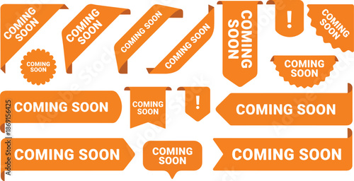 Coming Soon Label Set Promotion Ribbon Sticker Vector