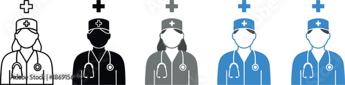 Medical staff and healthcare professional icons set illustrating doctors and nurses in uniforms, hospital personnel, clinical service, and modern health workforce concepts