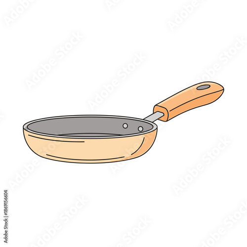 Frying pan with wooden handle in simple illustration style, on transparent background    