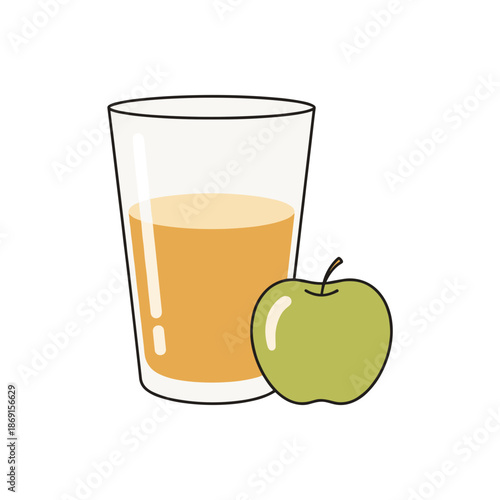 Fresh green apple next to a glass of apple juice , illustration on transparent background   