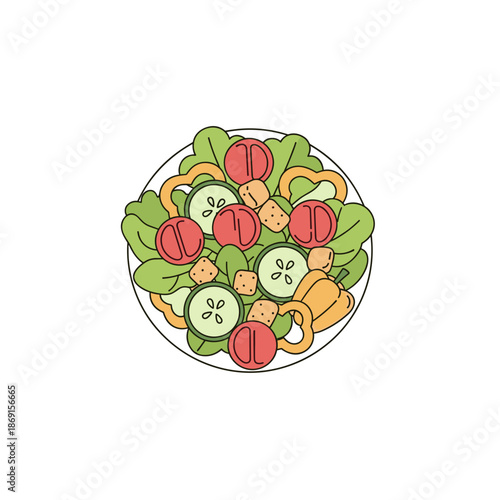 Colorful mixed salad with vegetables and croutons in bowl, illustration on transparent background    