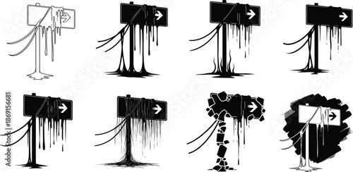 Dark melting road sign icons collection with dripping ink effect, post-apocalyptic glitch style, industrial grunge street signage for creative design