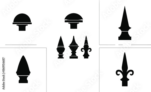 Decorative fence finials and post caps set, wrought iron gate ornaments, architectural metal toppers, ornamental railing spearheads, fleur-de-lis garden spikes, vector.