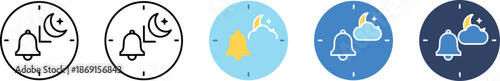 Notification bell and night mode icons set illustrating alerts, reminders, sleep time settings, do not disturb status, and user interface notification control concepts