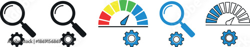 Performance analysis and optimization icons set illustrating search inspection, speed meter, system settings, efficiency monitoring, and digital performance measurement concepts