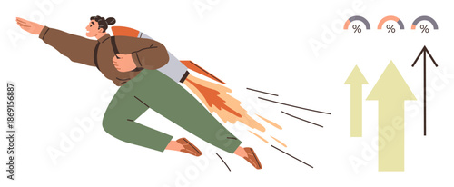 Business growth, career success, innovation, productivity, financial progress, personal development. Person flying with rocket propulsion, arrows and progress meters. Business growth and career