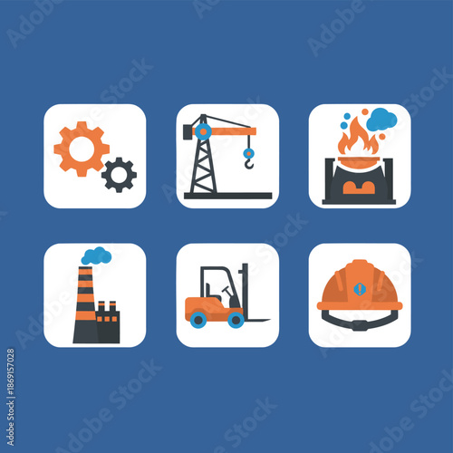 Industrial Production and Heavy Manufacturing Flat Icon Set Featuring Engineering Gears Construction Crane Smelting Furnace Factory Chimney Forklift and Safety Protective Helmet