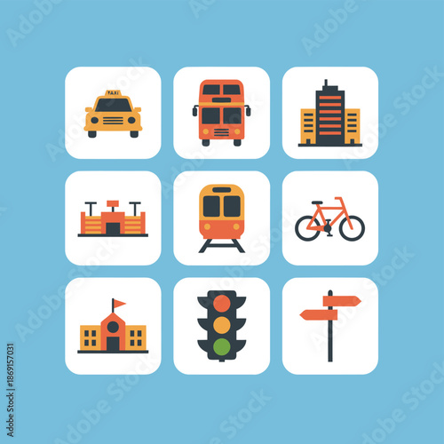 Urban Public Transportation and City Infrastructure Flat Icon Set with Taxi Double Decker Bus Modern Building Subway Train Bicycle School Architecture and Traffic Control Signal