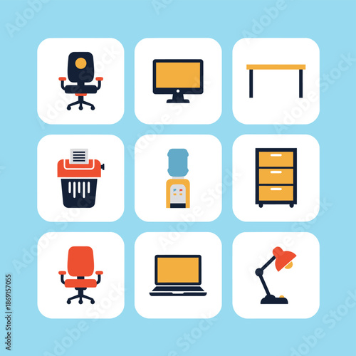 Modern Office Furniture and Workspace Equipment Flat Icon Set with Ergonomic Chair Desktop Computer Desk Paper Shredder Water Cooler Filing Cabinet Laptop and Desk Lamp