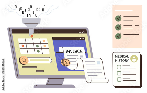 Data analysis, billing systems, digital healthcare, financial management, automation, cloud services. A computer on tasks thumbs up invoicing and medical record updates. Data analysis and billing