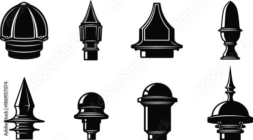 Decorative metal fence finials and pole caps silhouettes, classic architectural ornament collection, black vector illustration set for design projects