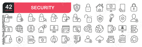 Set of line icons related to encryption, safety, insurance, data protection, detector, sensor, locked, password and cybersecurity . Outline icons collection. Editable stroke. Vector illustration